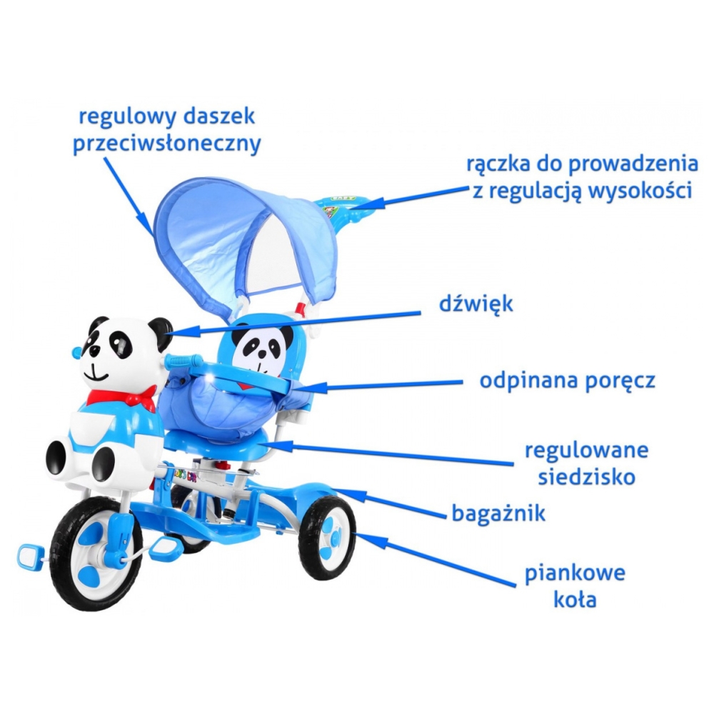 Triratis "Panda" mėlynas + garsai + stogelis + barjeras + atrama kojoms + rankena + laikymo skyrius-Judėjimui, Triratukai vaikam
