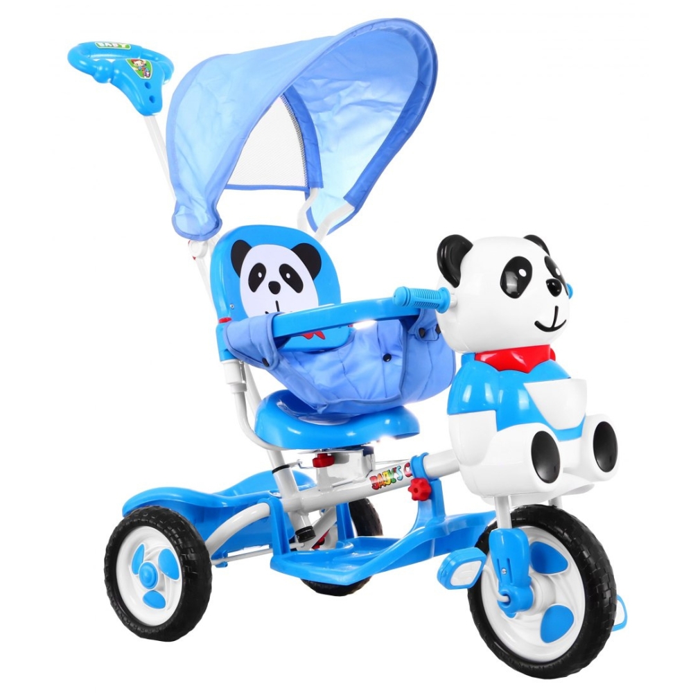 Triratis "Panda" mėlynas + garsai + stogelis + barjeras + atrama kojoms + rankena + laikymo skyrius-Judėjimui, Triratukai vaikam