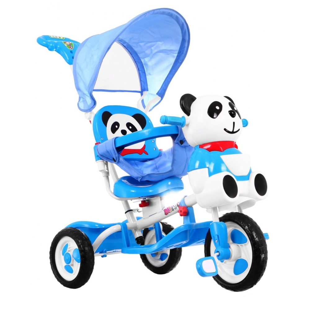 Triratis "Panda" mėlynas + garsai + stogelis + barjeras + atrama kojoms + rankena + laikymo skyrius-Judėjimui, Triratukai vaikam