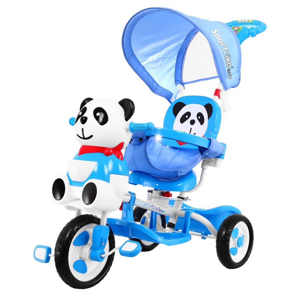 Triratis "Panda" mėlynas + garsai + stogelis + barjeras + atrama kojoms + rankena + laikymo skyrius-Judėjimui, Triratukai vaikam