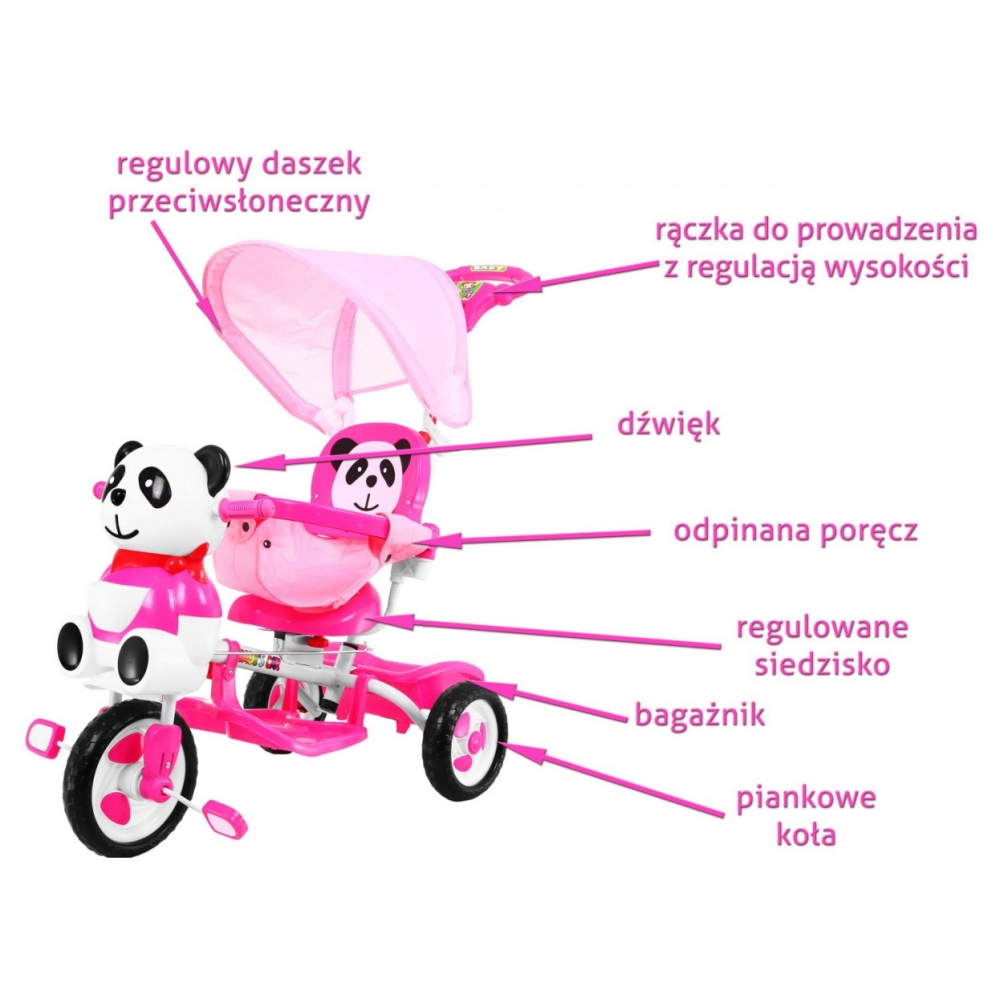 Triratis "Panda" + garsai + stogelis + barjeras + atrama kojoms + rankena + laikymo skyrius-Judėjimui, Triratukai vaikams-e-vaik