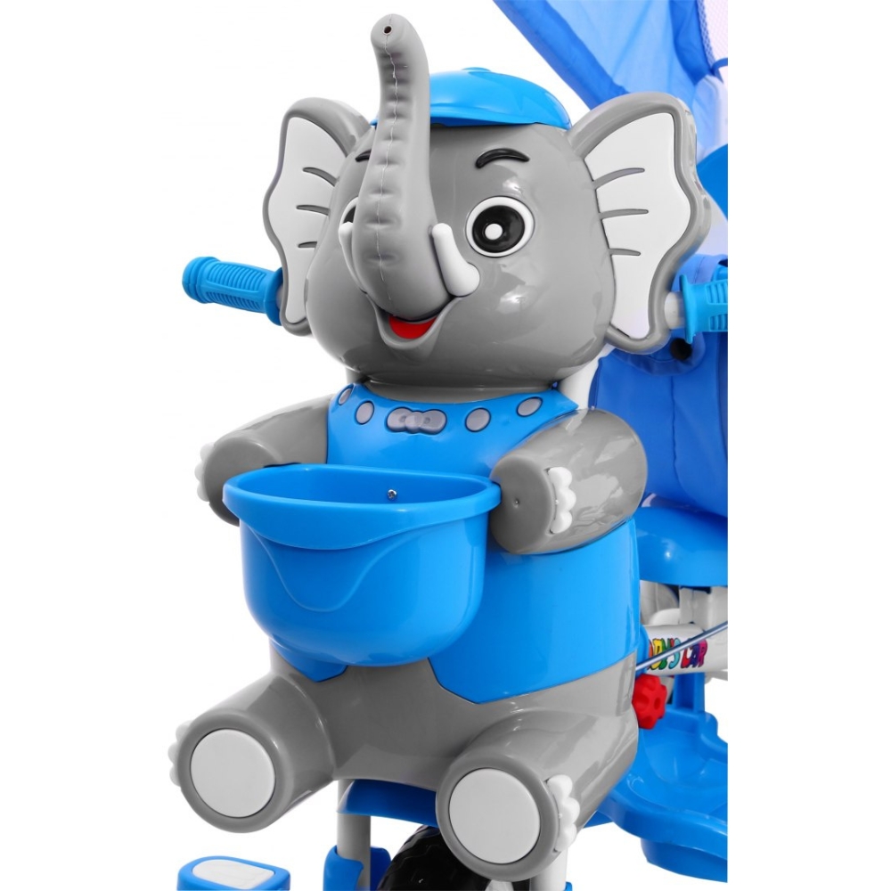 Triratis "Elephant Blue" + garsai + stogelis + barjeras + atrama kojoms + rankena + laikymo skyrius-Judėjimui, Triratukai vaikam