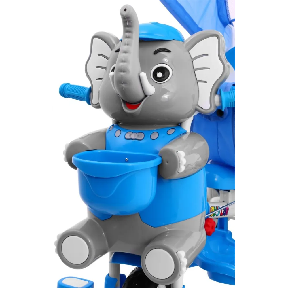 Triratis "Elephant Blue" + garsai + stogelis + barjeras + atrama kojoms + rankena + laikymo skyrius-Judėjimui, Triratukai vaikam