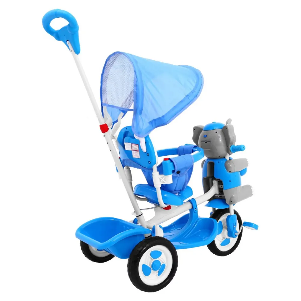 Triratis "Elephant Blue" + garsai + stogelis + barjeras + atrama kojoms + rankena + laikymo skyrius-Judėjimui, Triratukai vaikam
