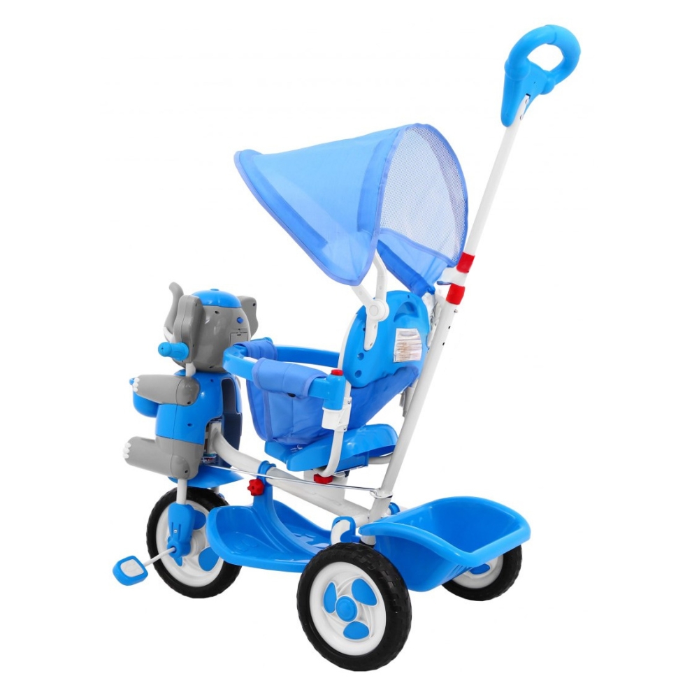 Triratis "Elephant Blue" + garsai + stogelis + barjeras + atrama kojoms + rankena + laikymo skyrius-Judėjimui, Triratukai vaikam