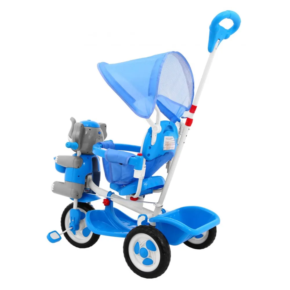 Triratis "Elephant Blue" + garsai + stogelis + barjeras + atrama kojoms + rankena + laikymo skyrius-Judėjimui, Triratukai vaikam