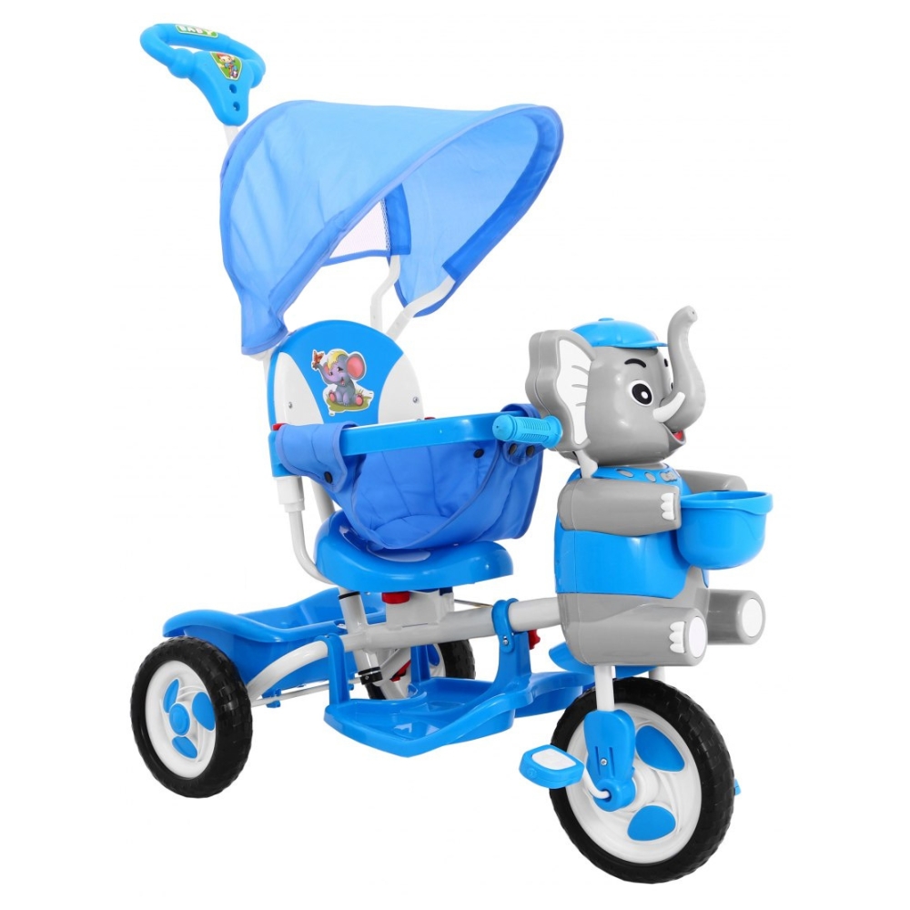 Triratis "Elephant Blue" + garsai + stogelis + barjeras + atrama kojoms + rankena + laikymo skyrius-Judėjimui, Triratukai vaikam
