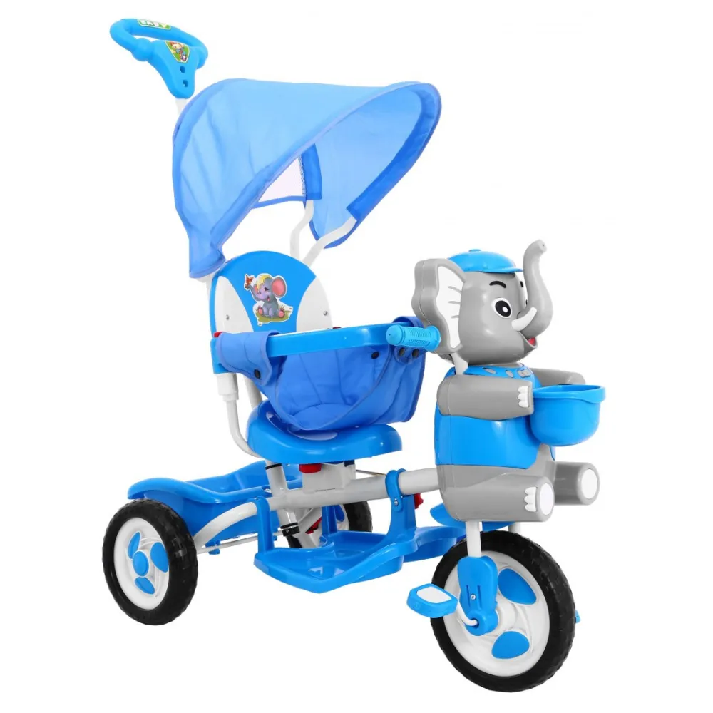 Triratis "Elephant Blue" + garsai + stogelis + barjeras + atrama kojoms + rankena + laikymo skyrius-Judėjimui, Triratukai vaikam