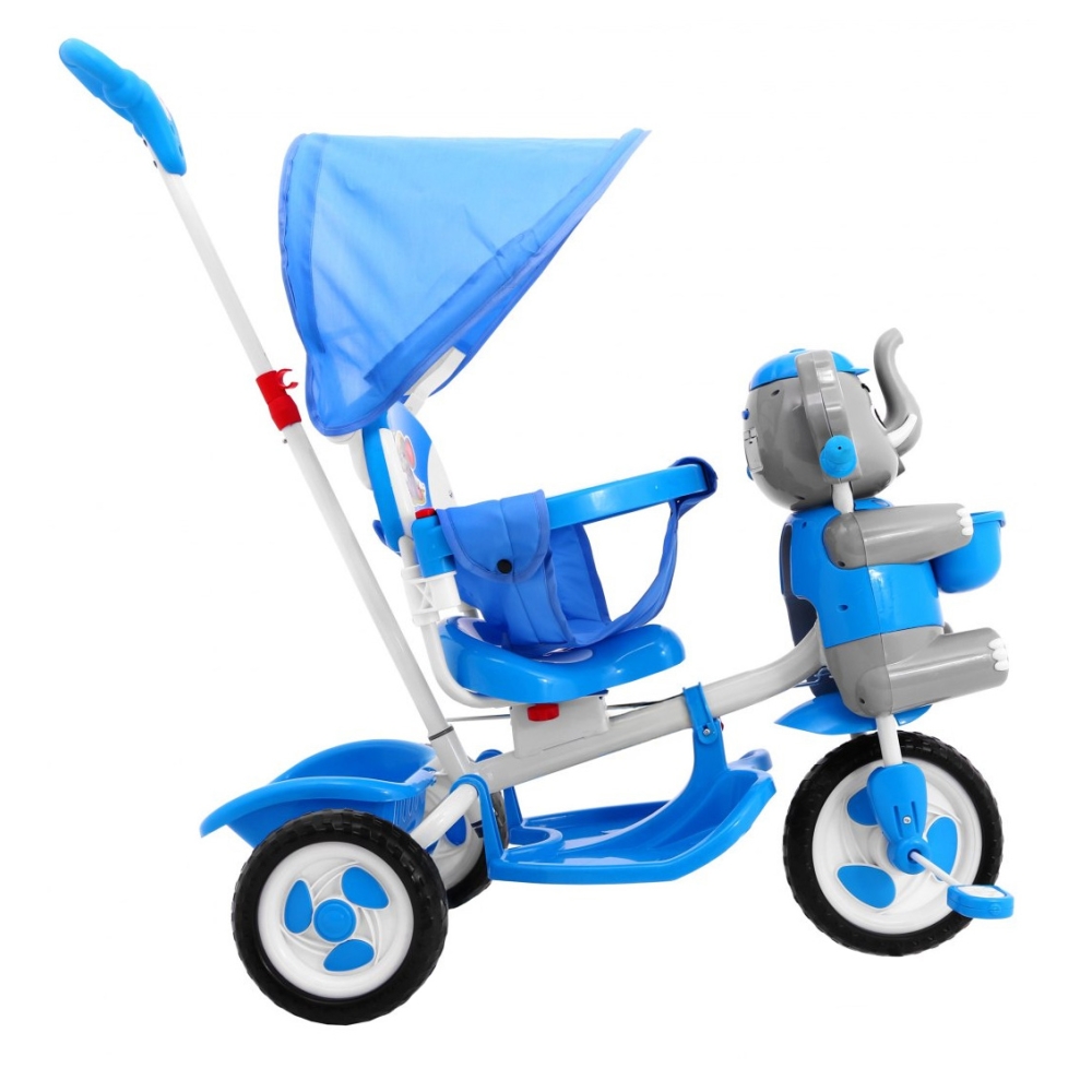 Triratis "Elephant Blue" + garsai + stogelis + barjeras + atrama kojoms + rankena + laikymo skyrius-Judėjimui, Triratukai vaikam