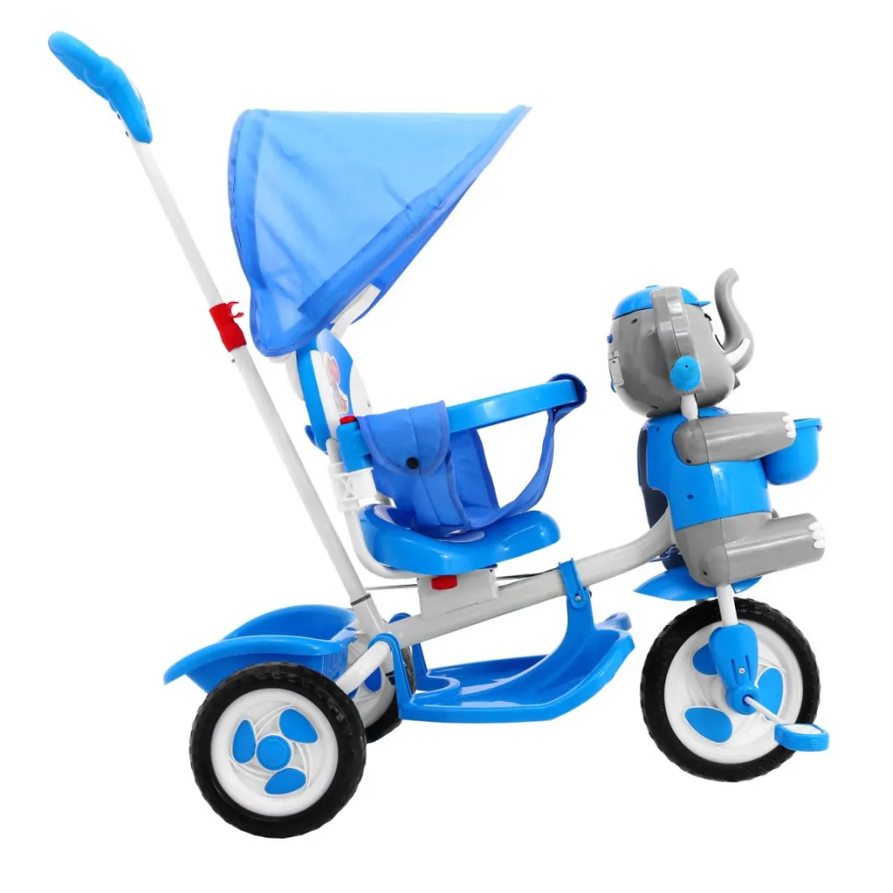 Triratis "Elephant Blue" + garsai + stogelis + barjeras + atrama kojoms + rankena + laikymo skyrius-Judėjimui, Triratukai vaikam