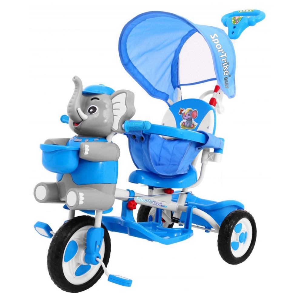 Triratis "Elephant Blue" + garsai + stogelis + barjeras + atrama kojoms + rankena + laikymo skyrius-Judėjimui, Triratukai vaikam