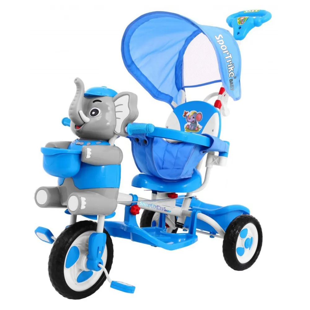 Triratis "Elephant Blue" + garsai + stogelis + barjeras + atrama kojoms + rankena + laikymo skyrius-Judėjimui, Triratukai vaikam