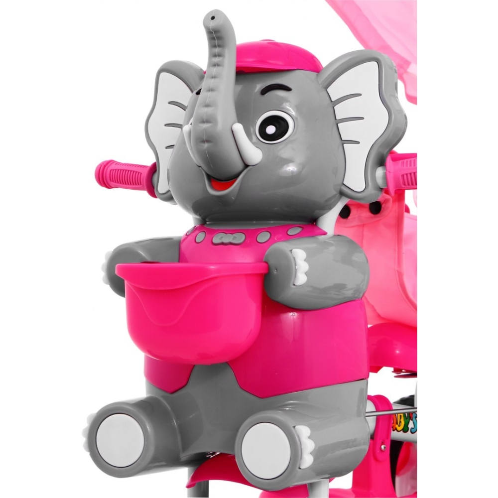 Triratis "Elephant Pink" + garsai + stogelis + barjeras + atrama kojoms + rankena + laikymo skyrius-Judėjimui, Triratukai vaikam