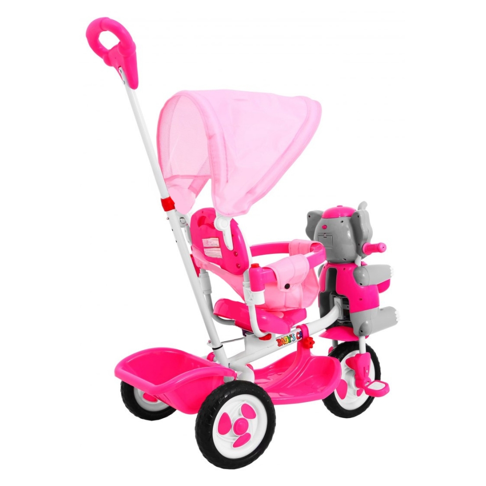 Triratis "Elephant Pink" + garsai + stogelis + barjeras + atrama kojoms + rankena + laikymo skyrius-Judėjimui, Triratukai vaikam