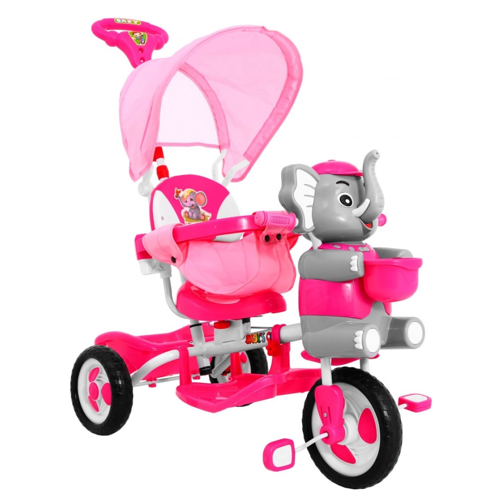 Triratis "Elephant Pink" + garsai + stogelis + barjeras + atrama kojoms + rankena + laikymo skyrius-Judėjimui, Triratukai vaikam