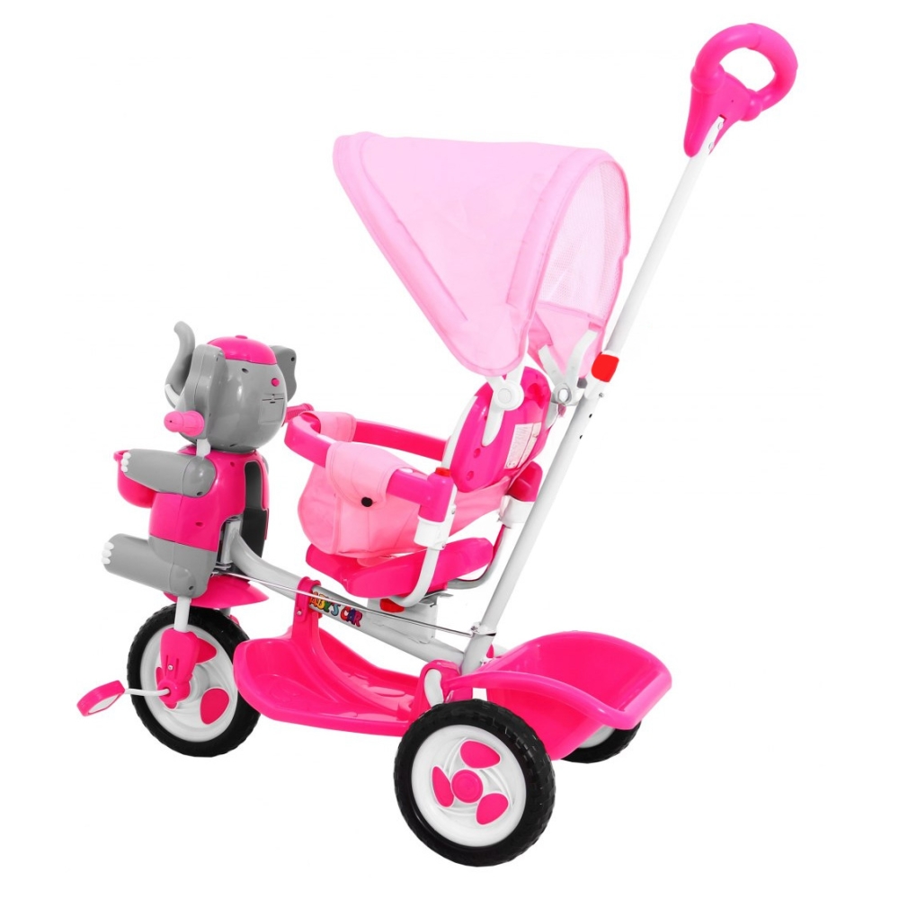 Triratis "Elephant Pink" + garsai + stogelis + barjeras + atrama kojoms + rankena + laikymo skyrius-Judėjimui, Triratukai vaikam