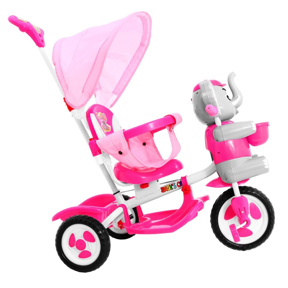 Triratis "Elephant Pink" + garsai + stogelis + barjeras + atrama kojoms + rankena + laikymo skyrius-Judėjimui, Triratukai vaikam