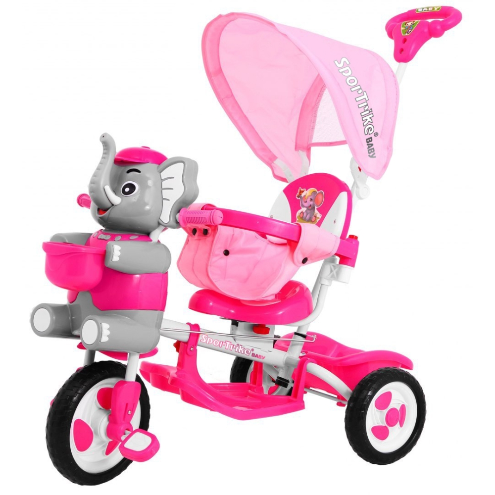 Triratis "Elephant Pink" + garsai + stogelis + barjeras + atrama kojoms + rankena + laikymo skyrius-Judėjimui, Triratukai vaikam