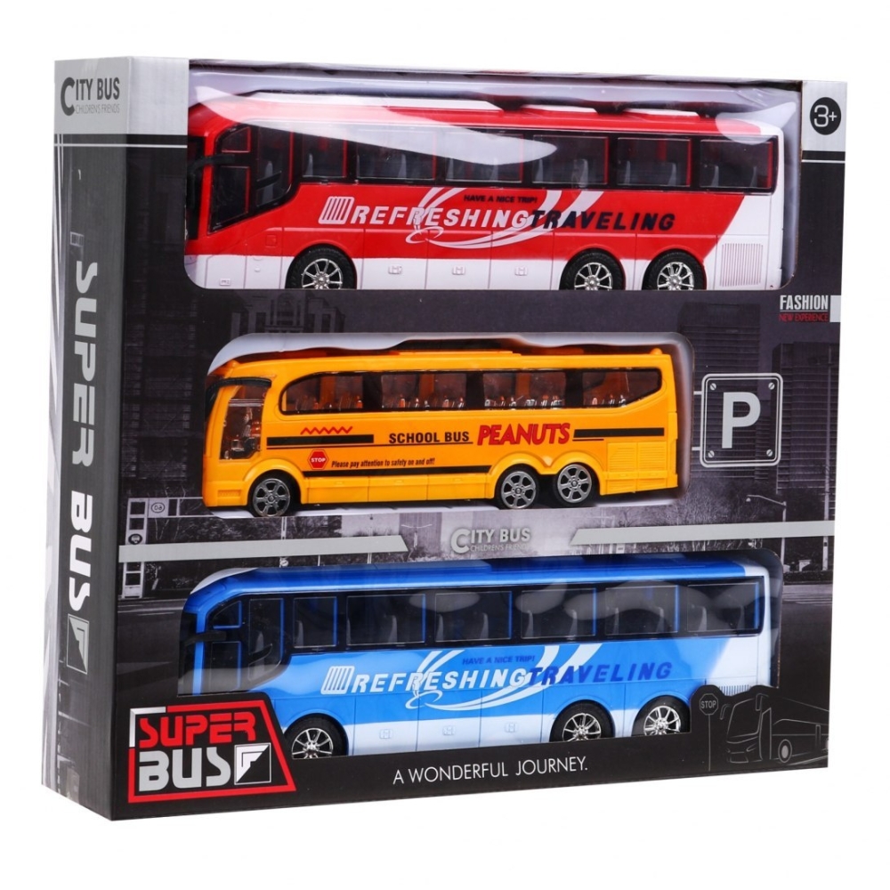 3 autobusų modeliai vaikams 3+ Mokyklinis autobusas + Ekskursiniai autobusai + Gyvos spalvos