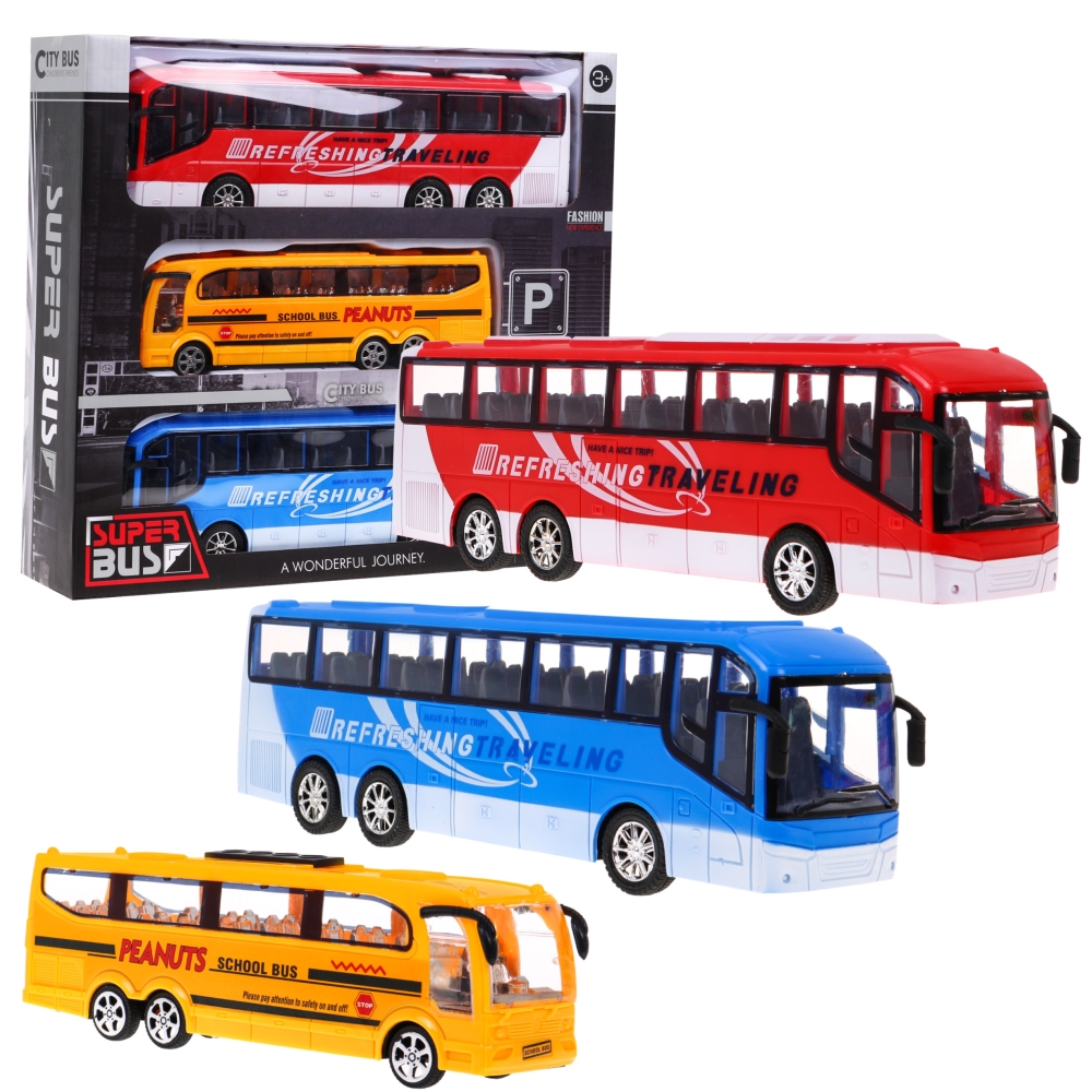 3 autobusų modeliai vaikams 3+ Mokyklinis autobusas + Ekskursiniai autobusai + Gyvos spalvos