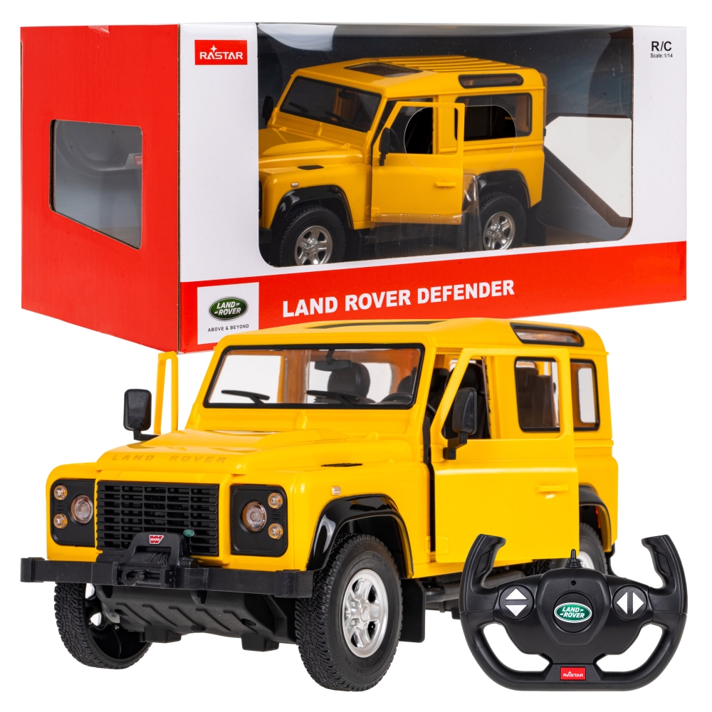 Nuotoliniu būdu valdomas Land Rover Defender geltonas RASTAR 1:14