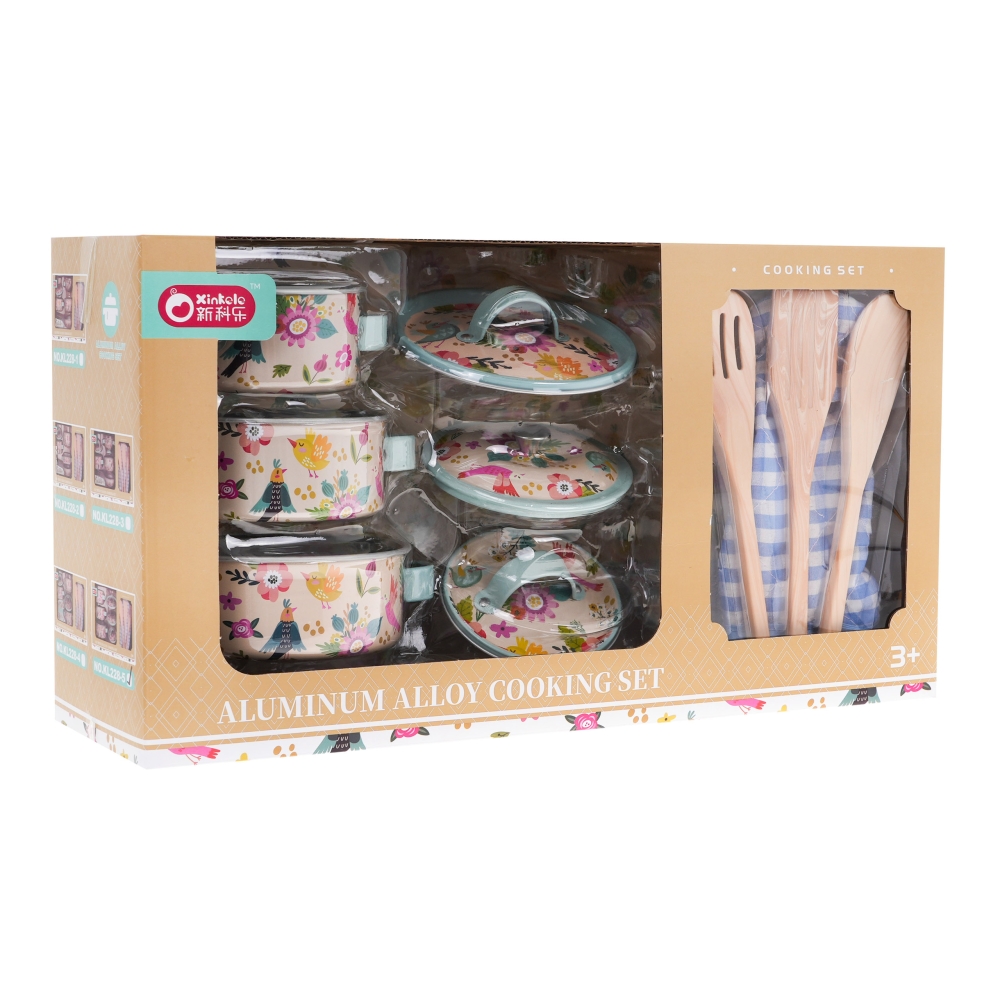 Zestaw aluminiowych Garnków dla dzieci 3+ Akcesoria 10 el. + Przybory kuchenne + Rękawica kuchenna
