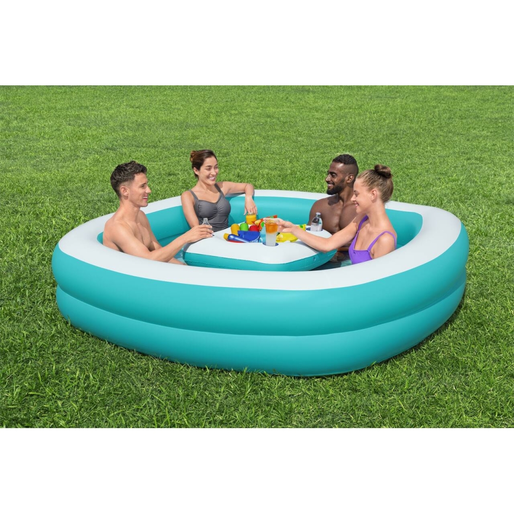 BESTWAY 218x218x48 pripučiamas šeimos baseinas + plaukiojantis gėrimų salos stalas
