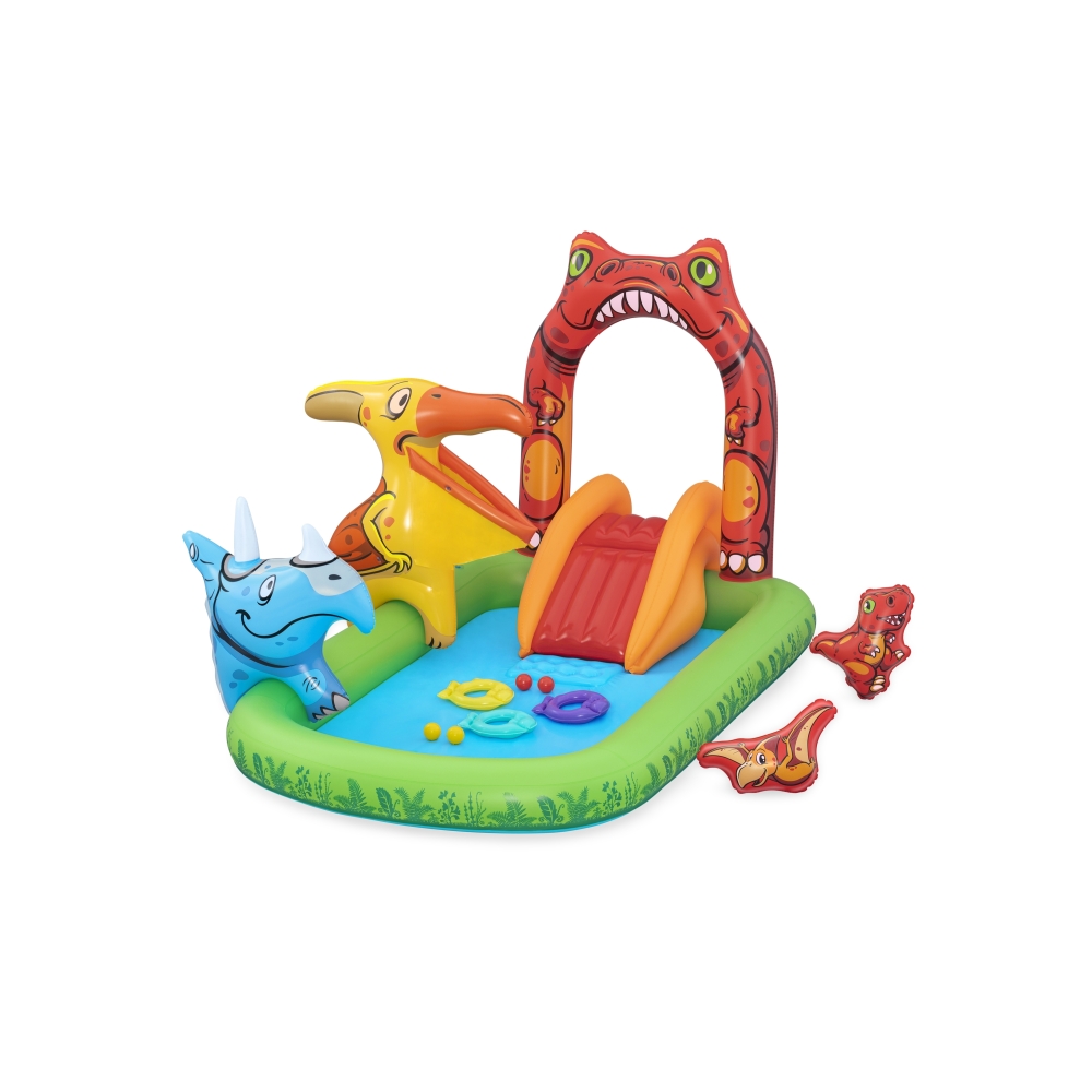 Pripučiama žaidimų aikštelė BESTWAY 241x140x137cm Dinozaurų pasaulis vaikams 2+ + čiuožykla + vandens dušas + priedai