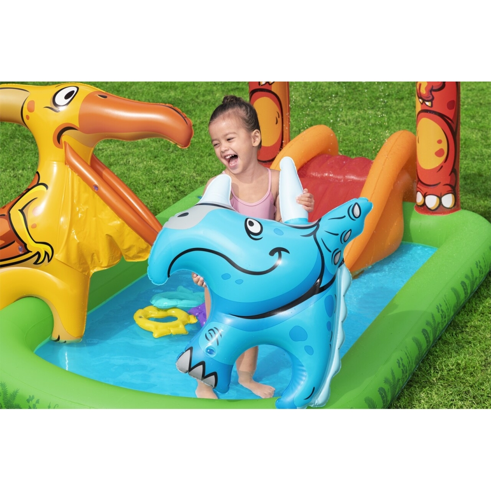 Pripučiama žaidimų aikštelė BESTWAY 241x140x137cm Dinozaurų pasaulis vaikams 2+ + čiuožykla + vandens dušas + priedai