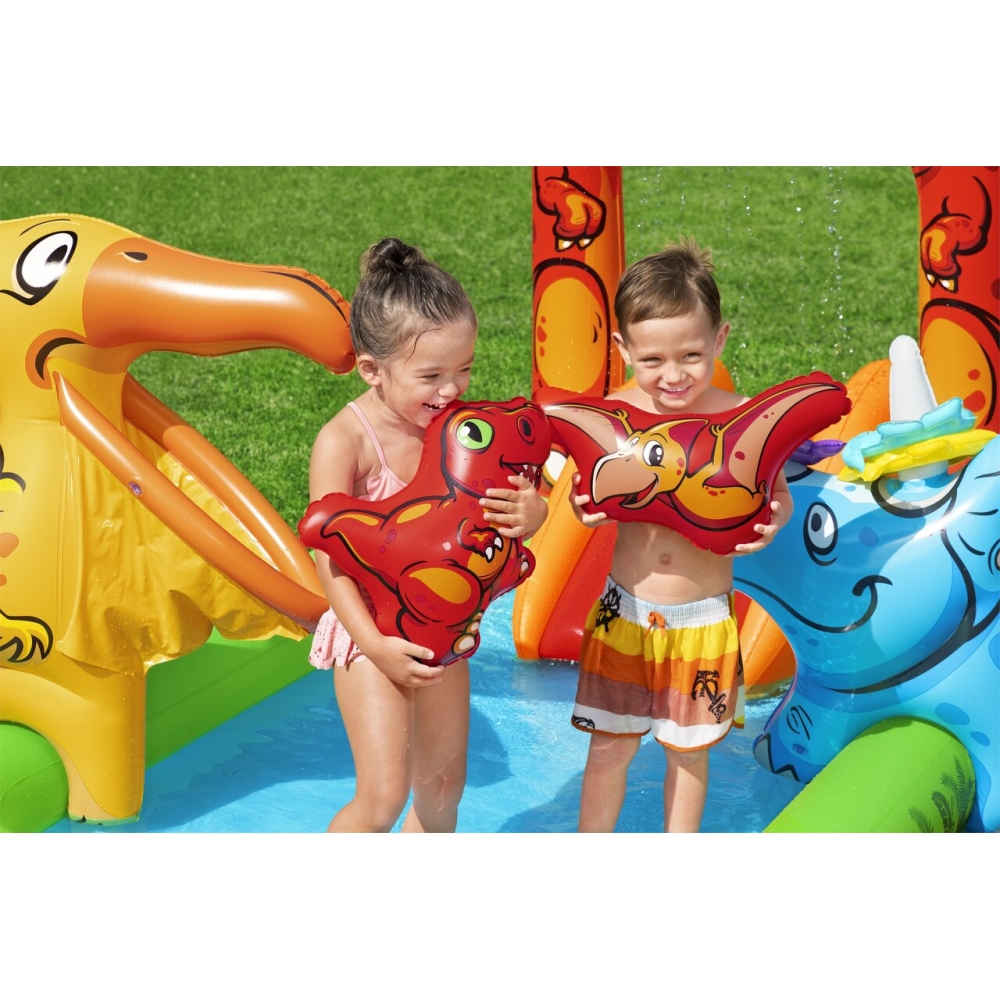 Pripučiama žaidimų aikštelė BESTWAY 241x140x137cm Dinozaurų pasaulis vaikams 2+ + čiuožykla + vandens dušas + priedai