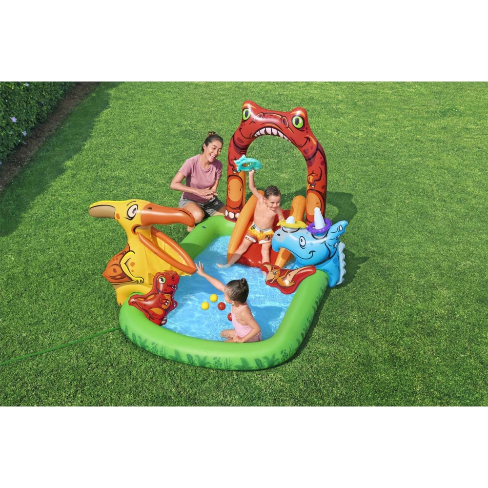 Pripučiama žaidimų aikštelė BESTWAY 241x140x137cm Dinozaurų pasaulis vaikams 2+ + čiuožykla + vandens dušas + priedai