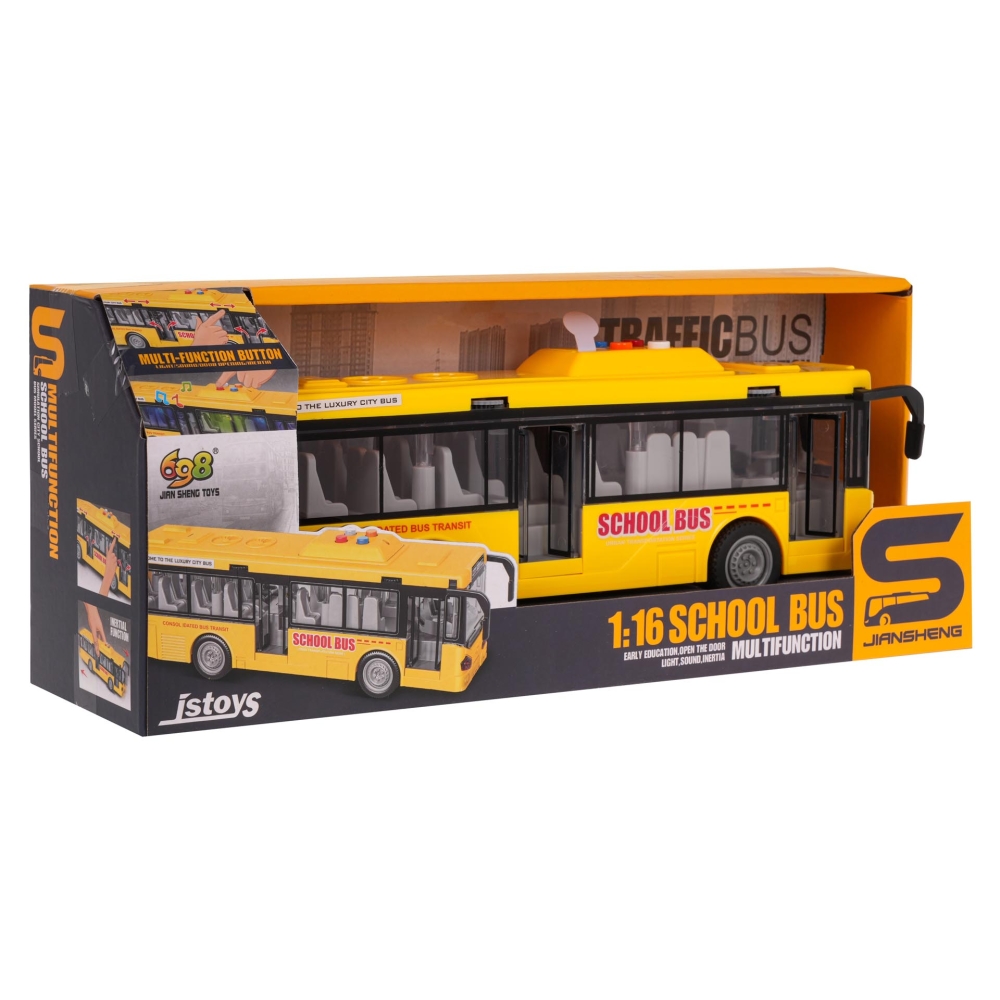 Geltonas autobusas su šviesomis ir garso funkcija