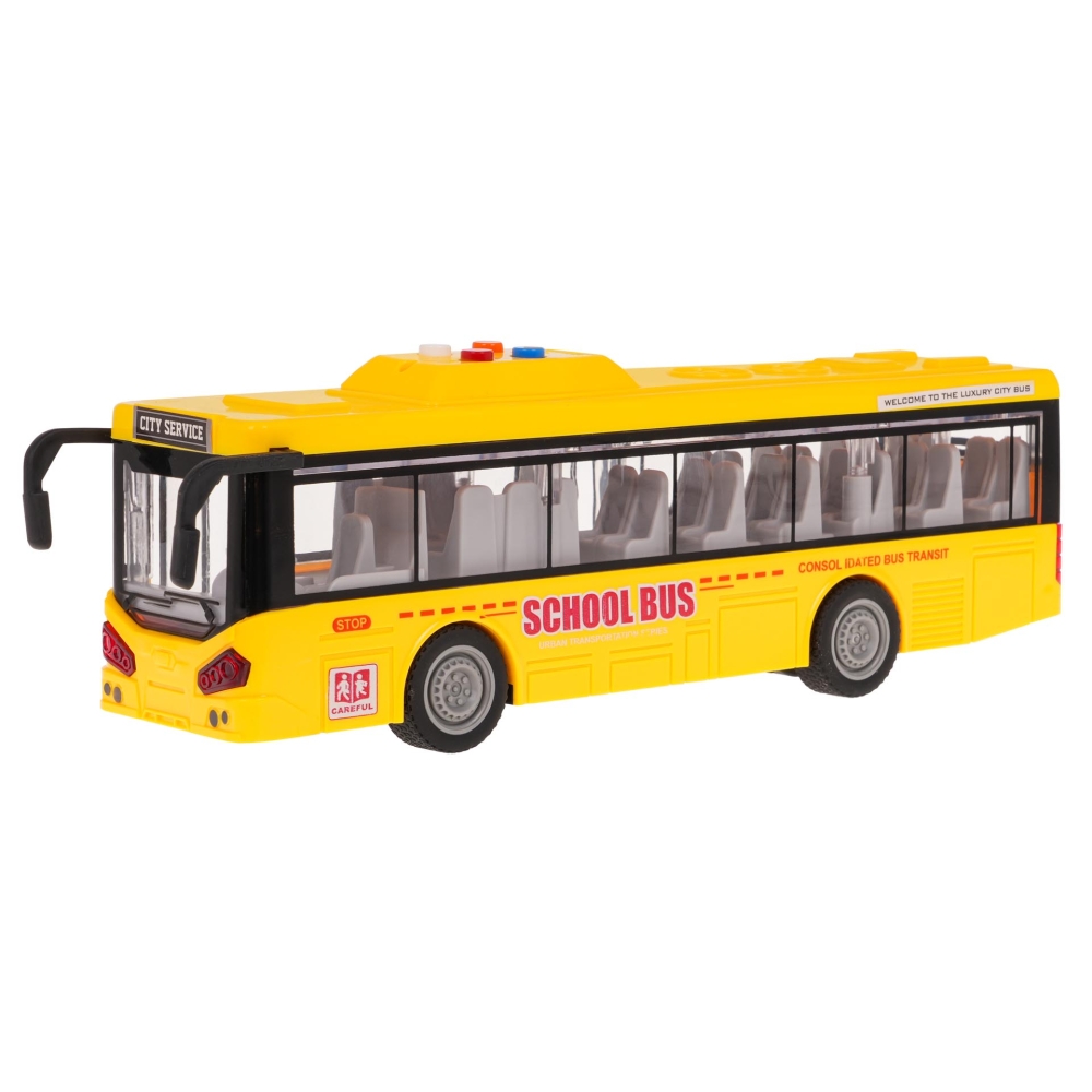 Geltonas autobusas su šviesomis ir garso funkcija