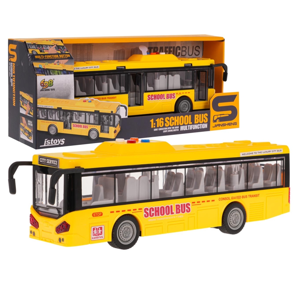 Geltonas autobusas su šviesomis ir garso funkcija