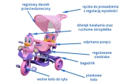 3-kołowy Rowerek dla dzieci Kaczka Fioletowy + Dźwięki + Daszek + Barierka + Podnóżek + Rączka + Schowek
