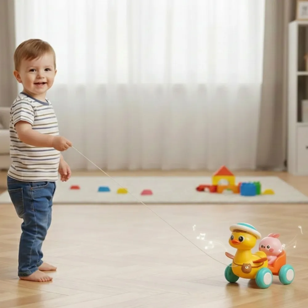 Traukiamasis ančiukas WOOPIE BABY Geltonas su rožiniu zuikiu-Žaislai, Kūdikiams, Žaislai mažyliams (iki 4 m.