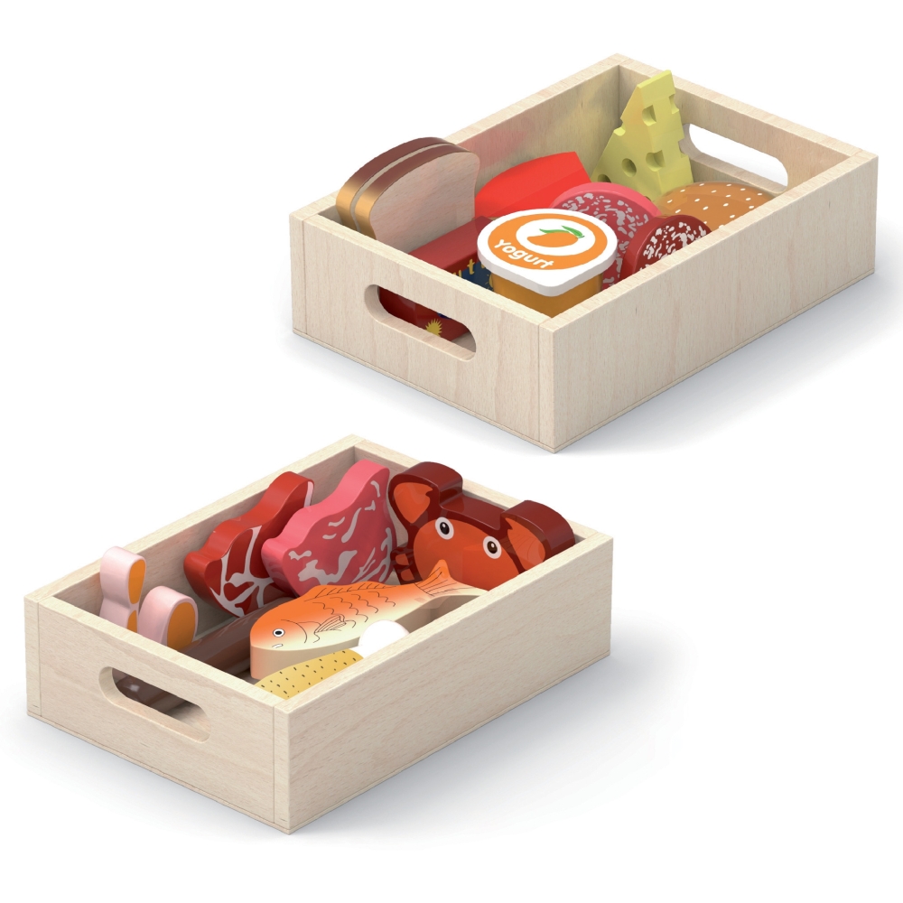 Medinių maisto dėžučių rinkinys VIGA pusryčiai, žuvis, mėsa ir pieno produktai-Žaislai, Profesijos, buities žaislai, Mediniai, M