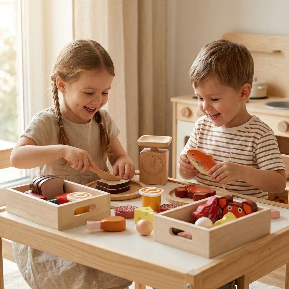 Medinių maisto dėžučių rinkinys VIGA pusryčiai, žuvis, mėsa ir pieno produktai-Žaislai, Profesijos, buities žaislai, Mediniai, M