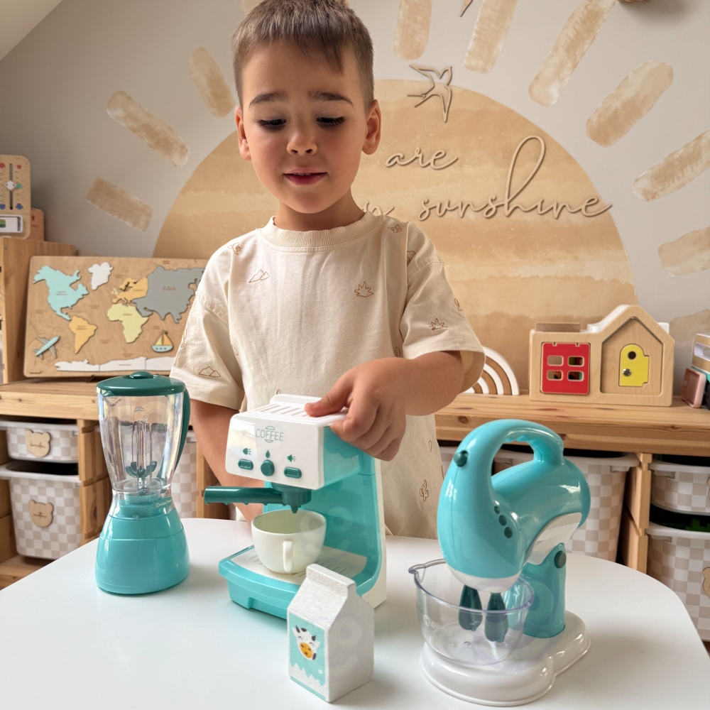 Buitinės technikos rinkinys WOOPIE 3-in-1: kavos virimo aparatas, maišytuvas, plaktuvas, garso ir šviesos efektai-Žaislai, Profe