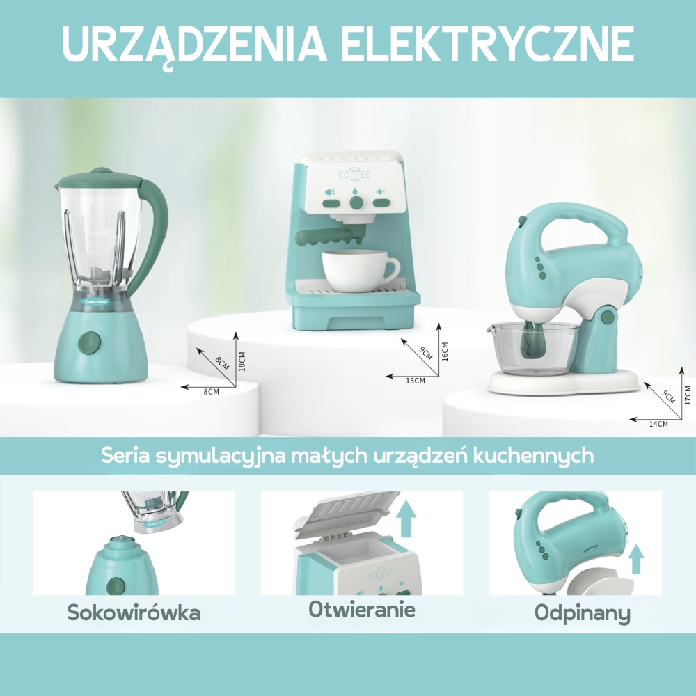 Buitinės technikos rinkinys WOOPIE 3-in-1: kavos virimo aparatas, maišytuvas, plaktuvas, garso ir šviesos efektai-Žaislai, Profe