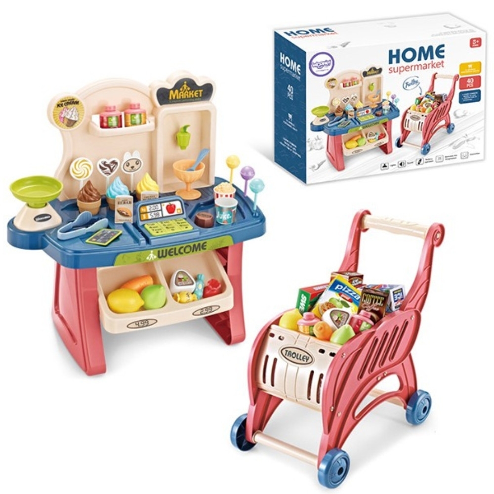 Prekybos centro rinkinys WOOPIE Shop: pirkinių krepšelis, ledai, saldainiai + 40 aksesuarų-Žaislai, Profesijos, buities žaislai,