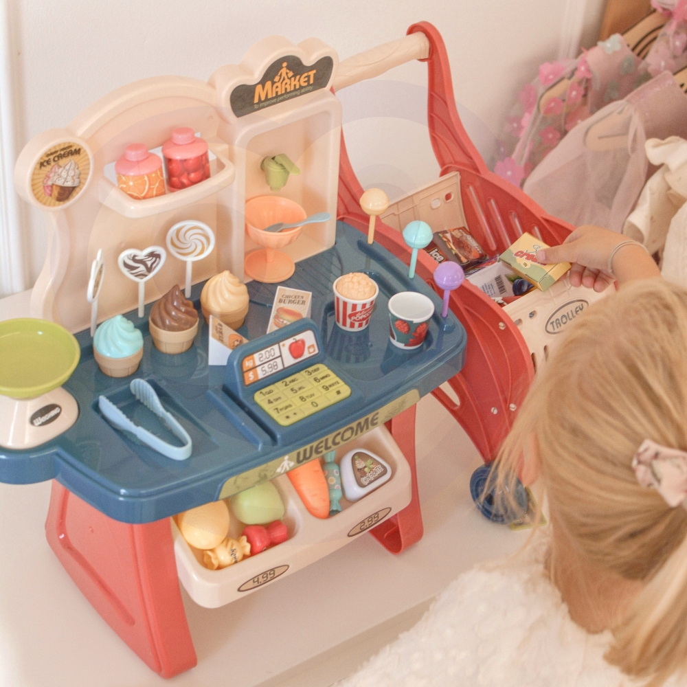 Prekybos centro rinkinys WOOPIE Shop: pirkinių krepšelis, ledai, saldainiai + 40 aksesuarų-Žaislai, Profesijos, buities žaislai,