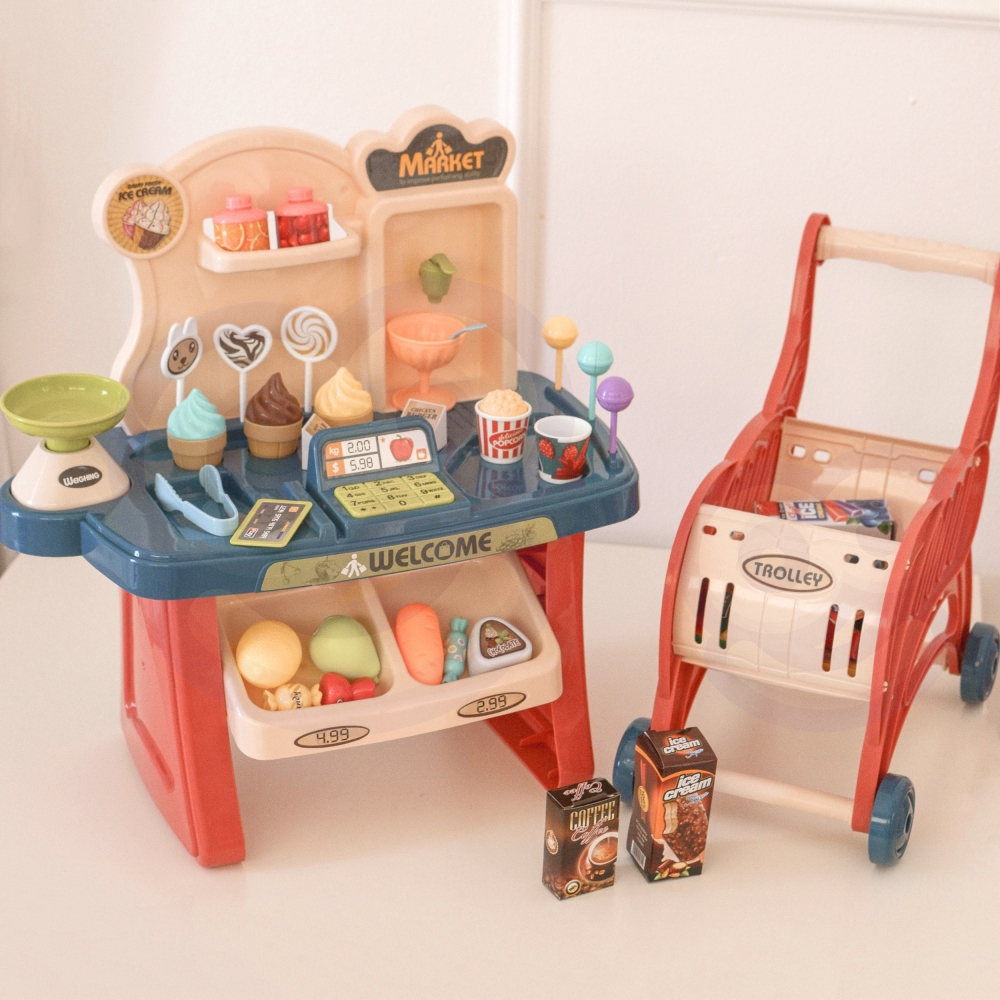 Prekybos centro rinkinys WOOPIE Shop: pirkinių krepšelis, ledai, saldainiai + 40 aksesuarų-Žaislai, Profesijos, buities žaislai,