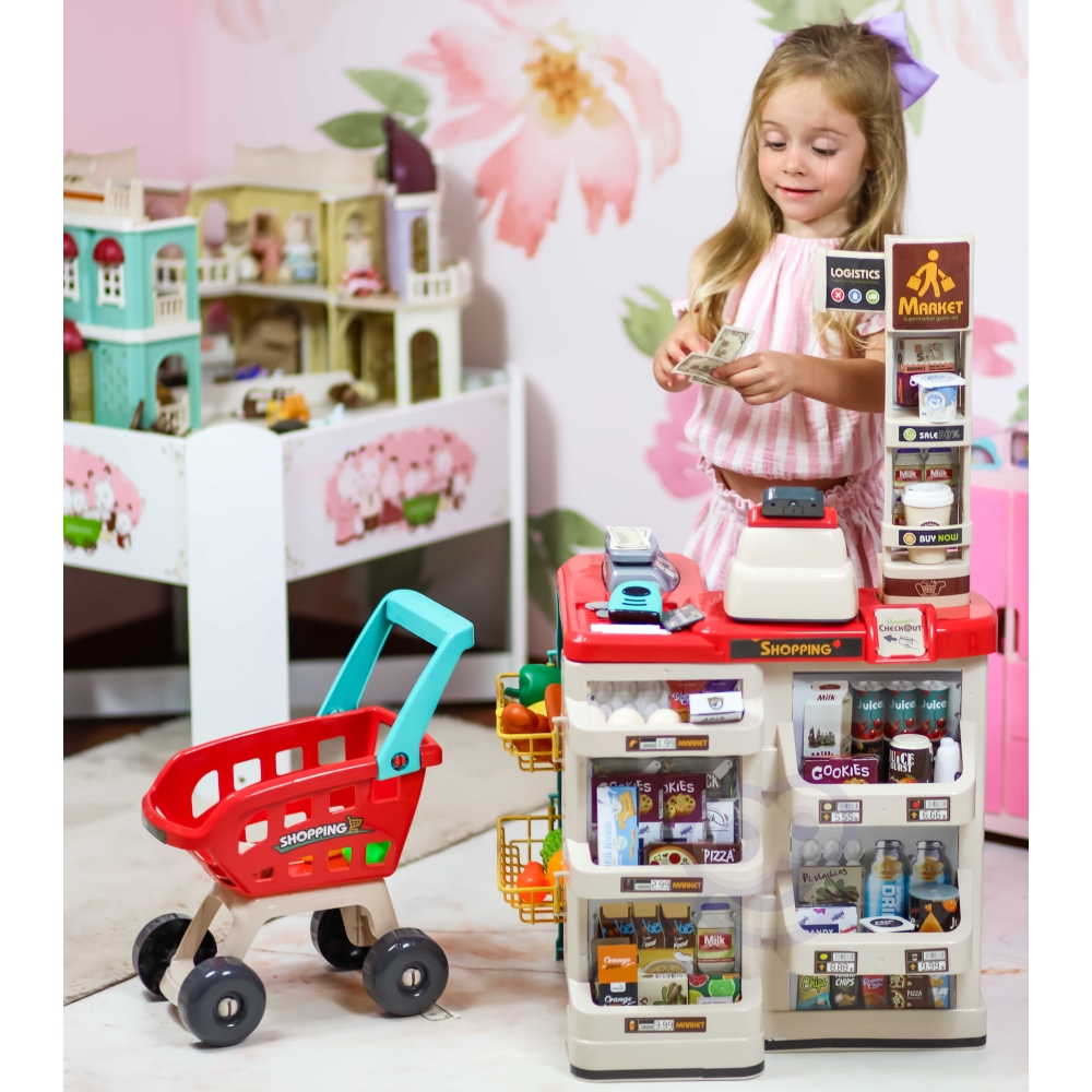 Supermarket parduotuvė WOOPIE su pirkinių vežimėliu Svarstyklės Kasos aparatas Skeneris + 48 akc.
