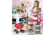 Supermarket parduotuvė WOOPIE su pirkinių vežimėliu Svarstyklės Kasos aparatas Skeneris + 48 akc.