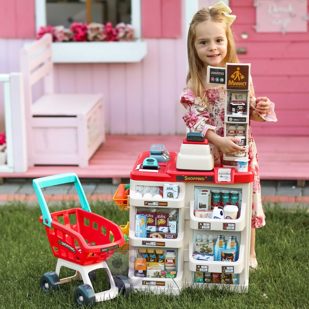 Supermarket parduotuvė WOOPIE su pirkinių vežimėliu Svarstyklės Kasos aparatas Skeneris + 48 akc.