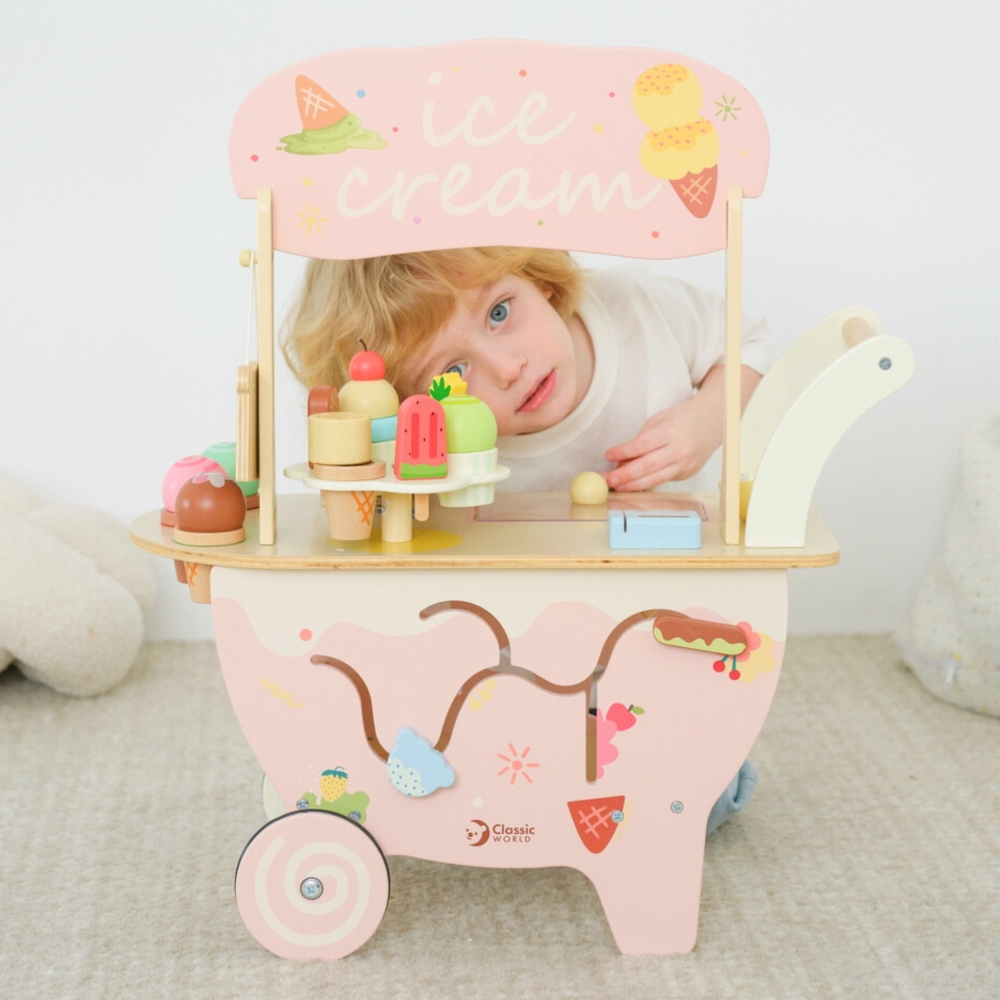 Medinis ledų vežimėlis 3in1 CLASSIC WORLD 40 el.-Žaislai, Profesijos, buities žaislai, Mediniai, Mažiesiems kulinarams-e-vaikas