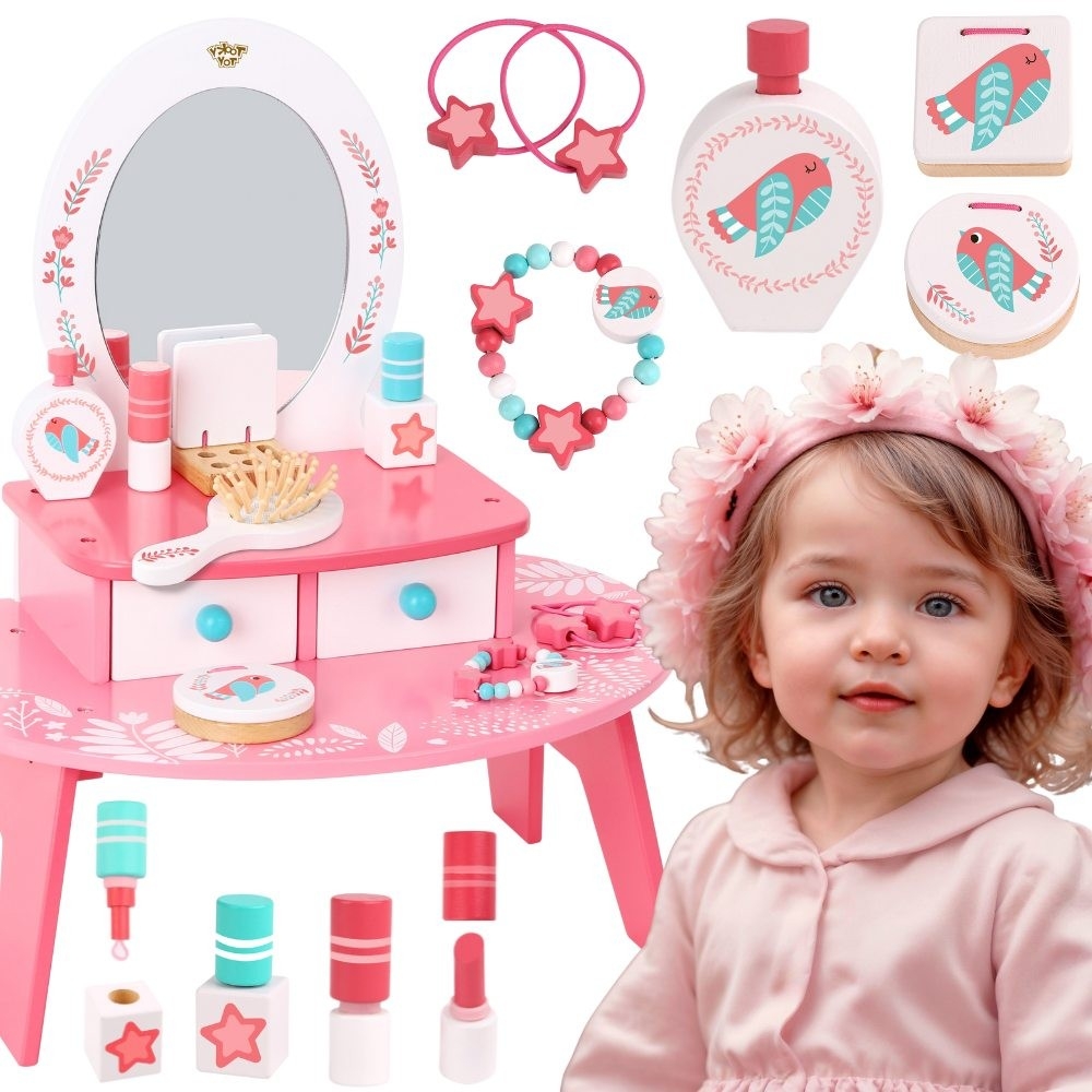 Medinis makiažo stalelis su veidrodžiu TOOKY TOY Rožinis-Žaislai, Profesijos, buities žaislai, Mediniai, Grožio žaislai-e-vaikas