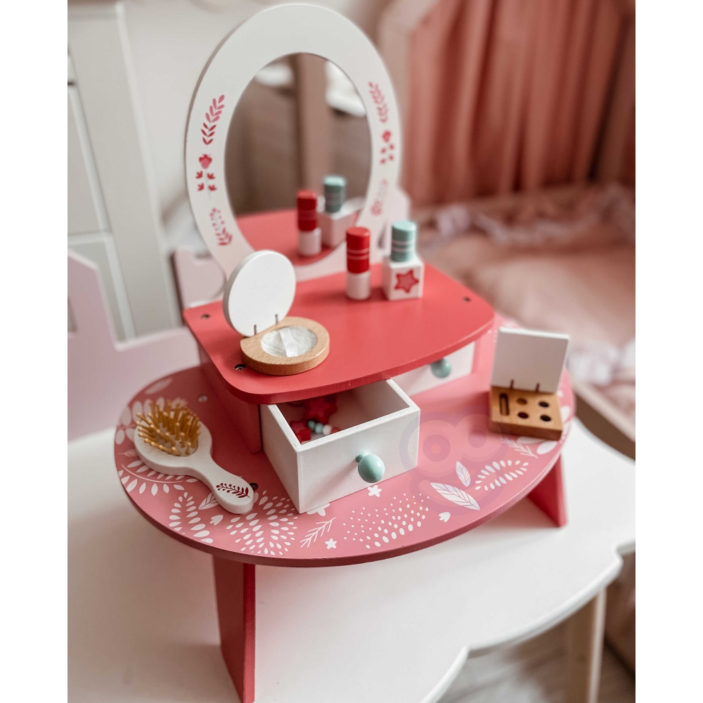 Medinis makiažo stalelis su veidrodžiu TOOKY TOY Rožinis-Žaislai, Profesijos, buities žaislai, Mediniai, Grožio žaislai-e-vaikas