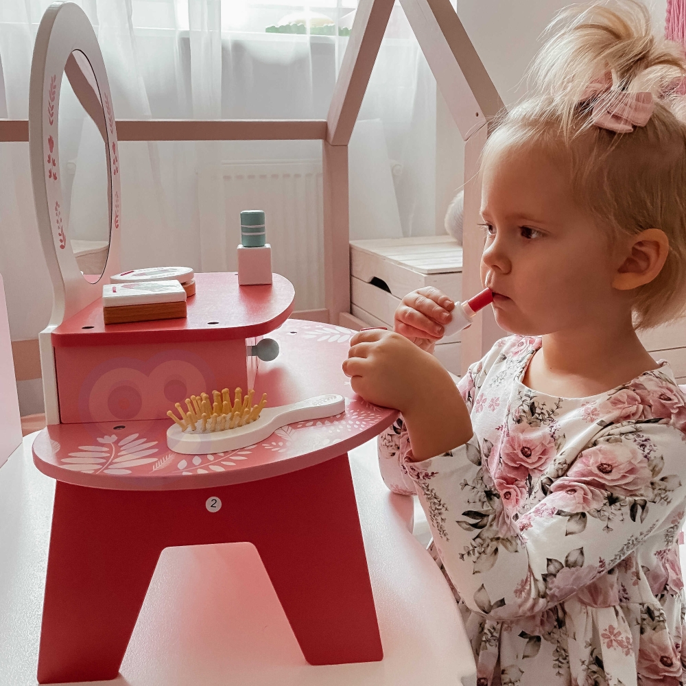 Medinis makiažo stalelis su veidrodžiu TOOKY TOY Rožinis-Žaislai, Profesijos, buities žaislai, Mediniai, Grožio žaislai-e-vaikas
